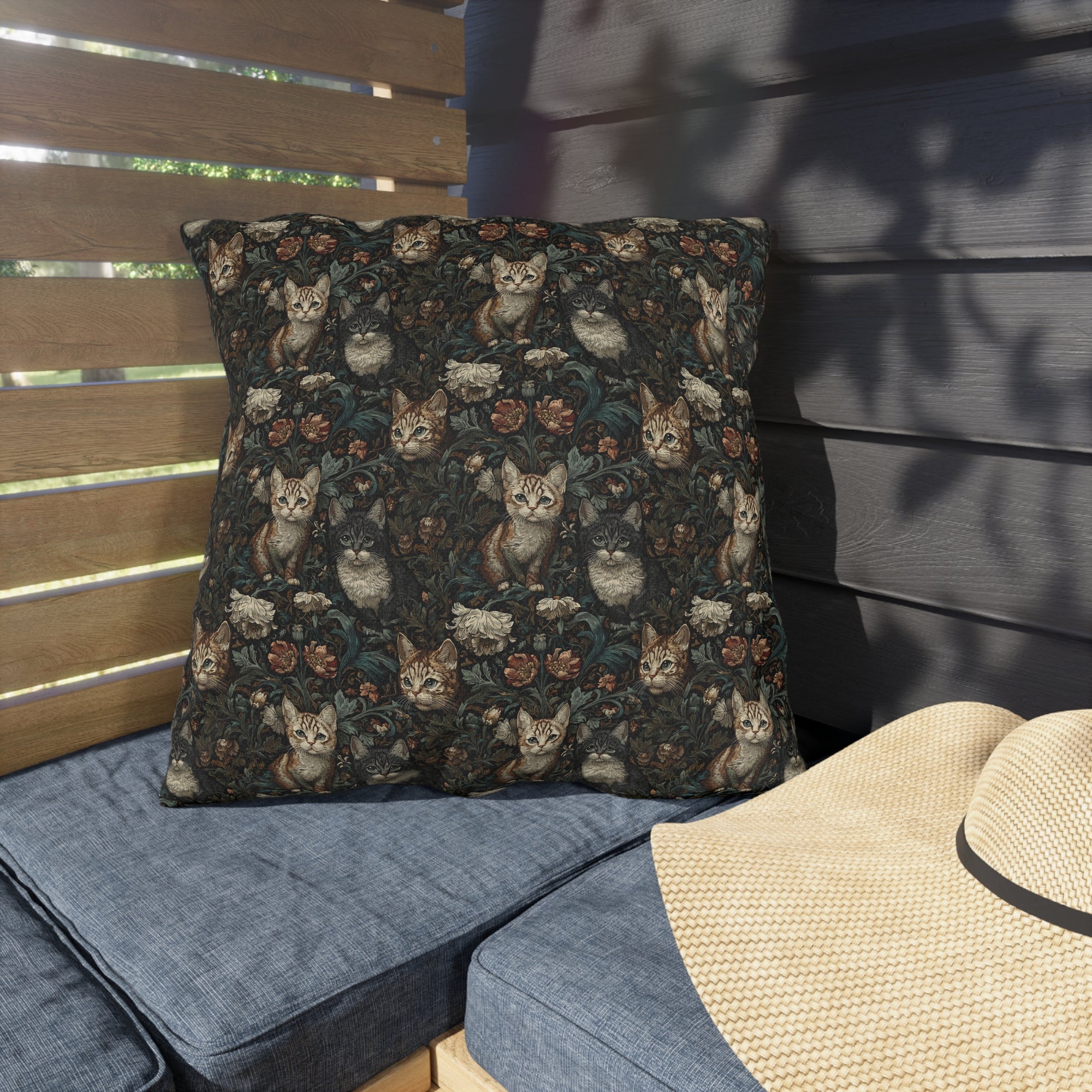 Outdoor Pillow - Brown Tabby Kittens Among Dark Green and Peach Floral Vines, Moody Vintage Style