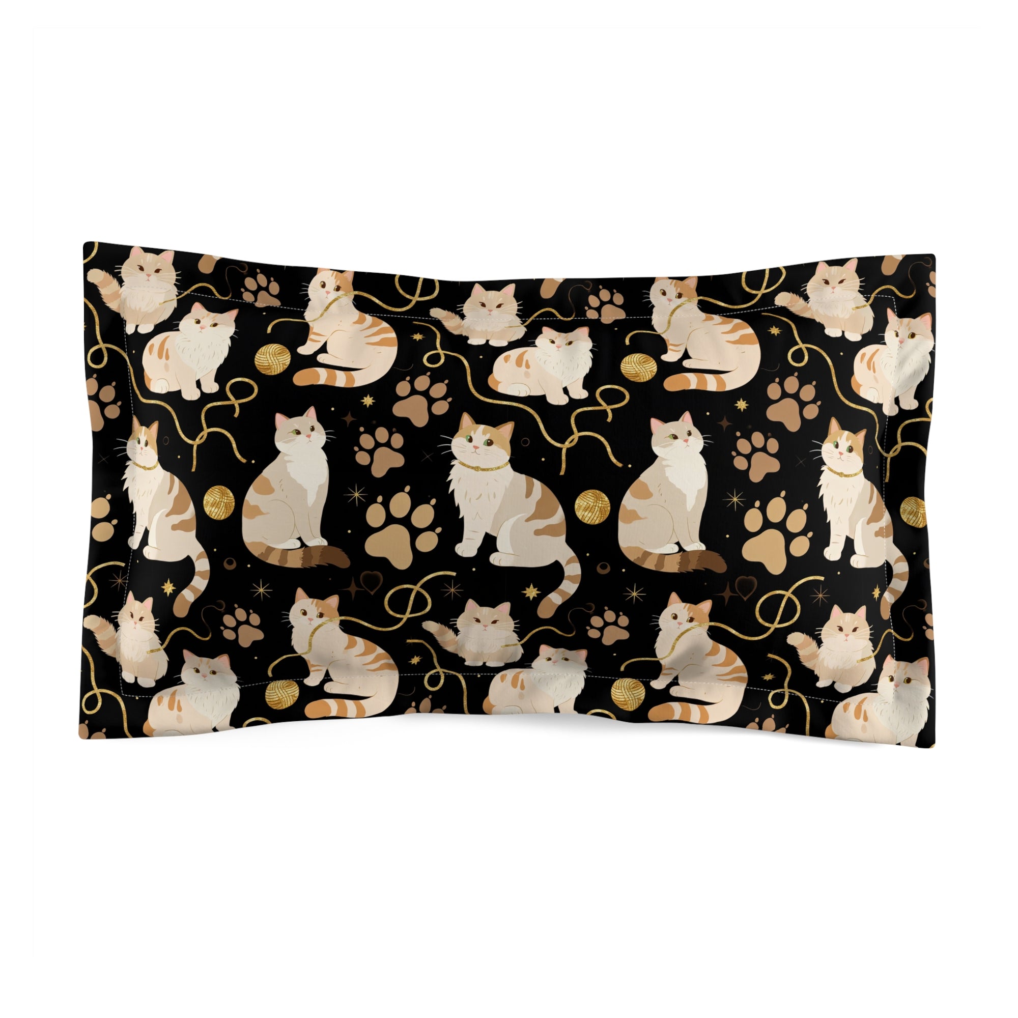 Pillow Sham - Elegant felines and sparkling gold yarn on black, adorable cats with golden paw prints, sophisticated pet motif, charming animal pattern, cozy and warm artistic illustration