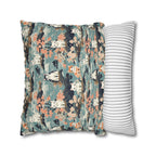 Square Pillowcase - A serene watercolor painting of fluffy cats lounging on rocks, surrounded by cherry blossoms and blue water, in a tranquil, nature-filled, Japanese-inspired landscape.