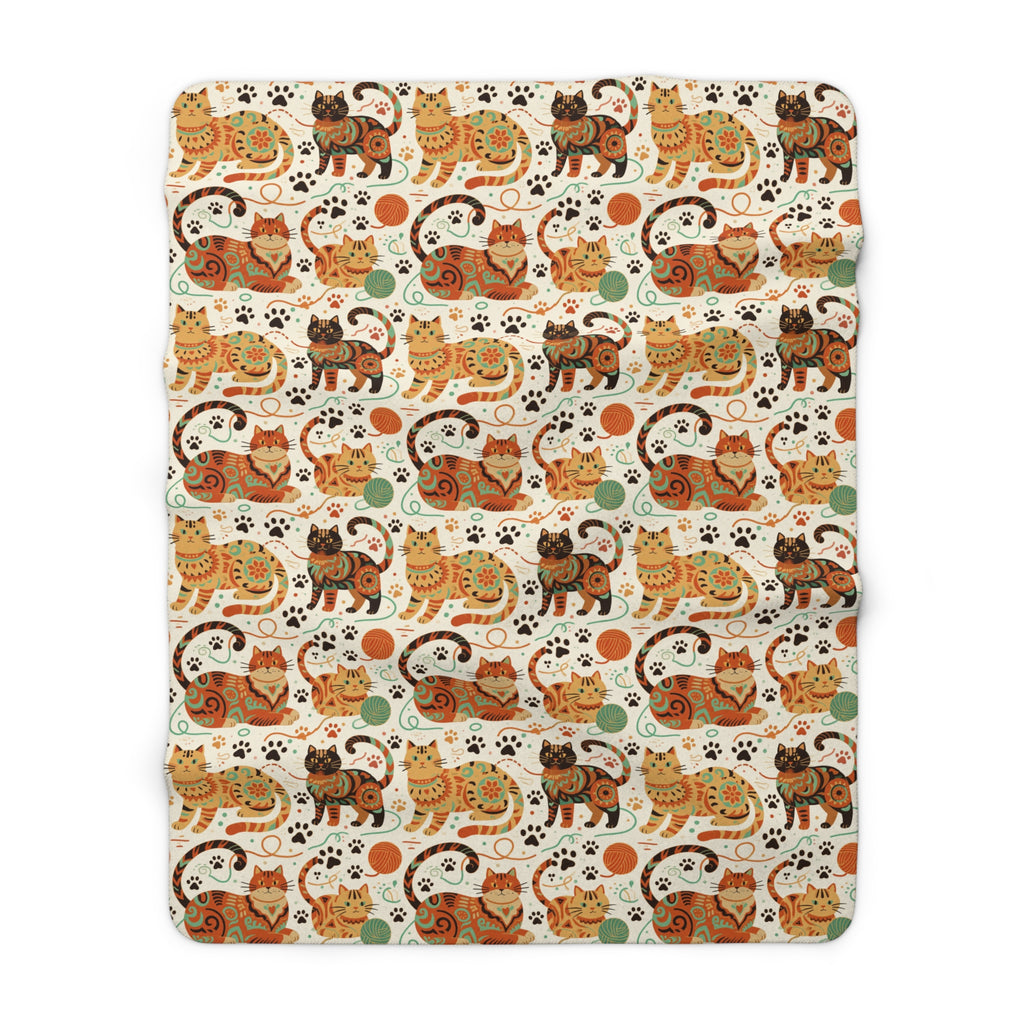 Sherpa Blanket - Colorful folk art patterned cats, vibrant orange and teal hues, playful felines with yarn and paw prints, bohemian animal illustration, cream background, artistic and cheerful design