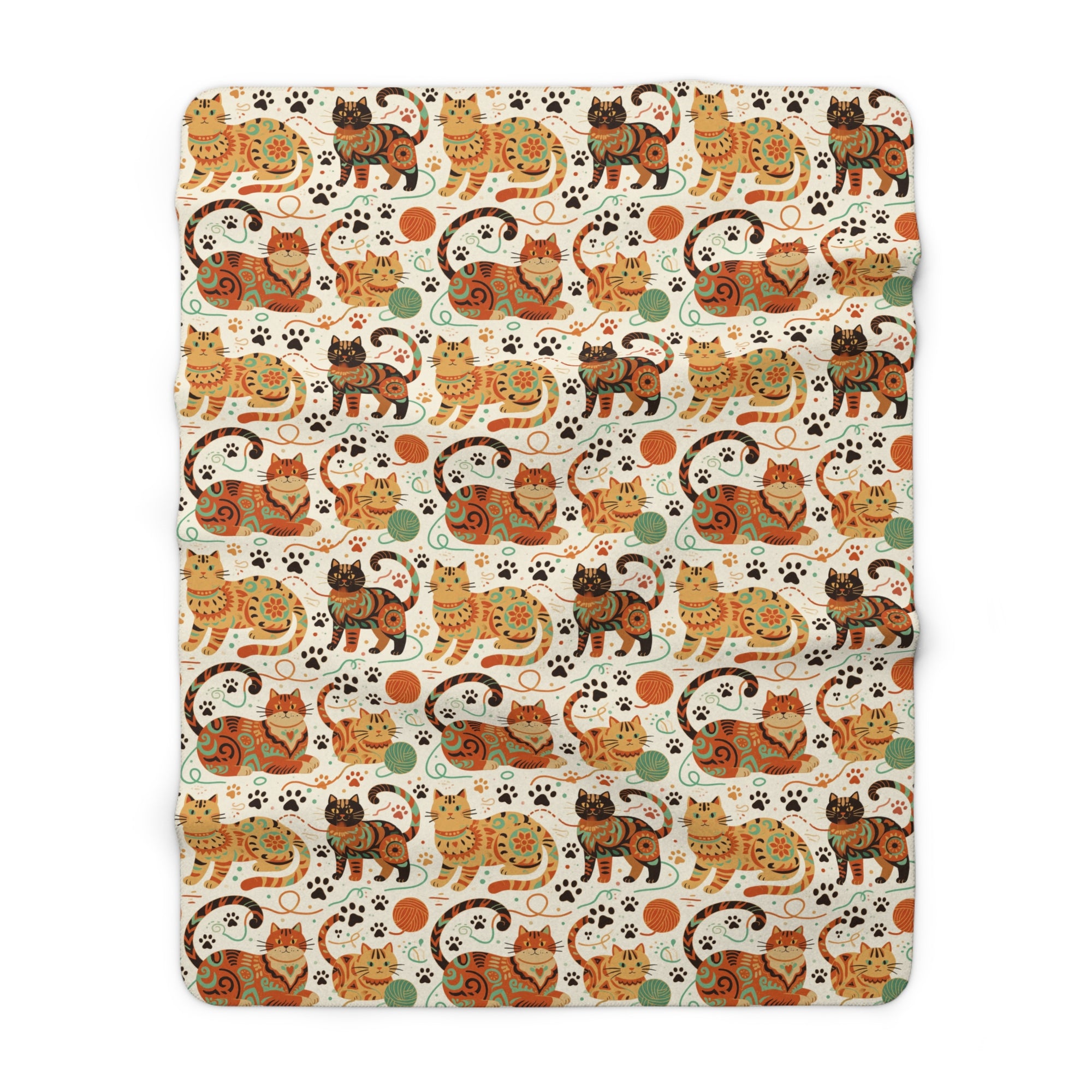 Sherpa Blanket - Colorful folk art patterned cats, vibrant orange and teal hues, playful felines with yarn and paw prints, bohemian animal illustration, cream background, artistic and cheerful design