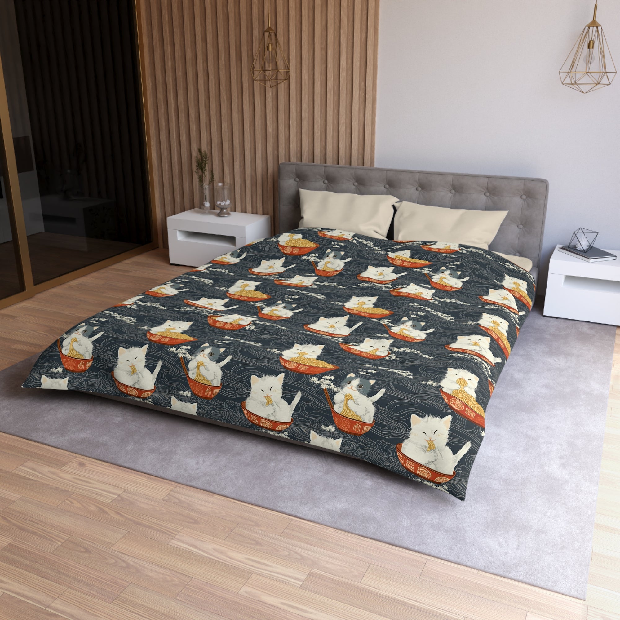 Duvet Cover - An adorable and cute pattern of baby cats happily eating steaming ramen noodles from traditional red and white bowls with beautiful white floral elements surrounding them.