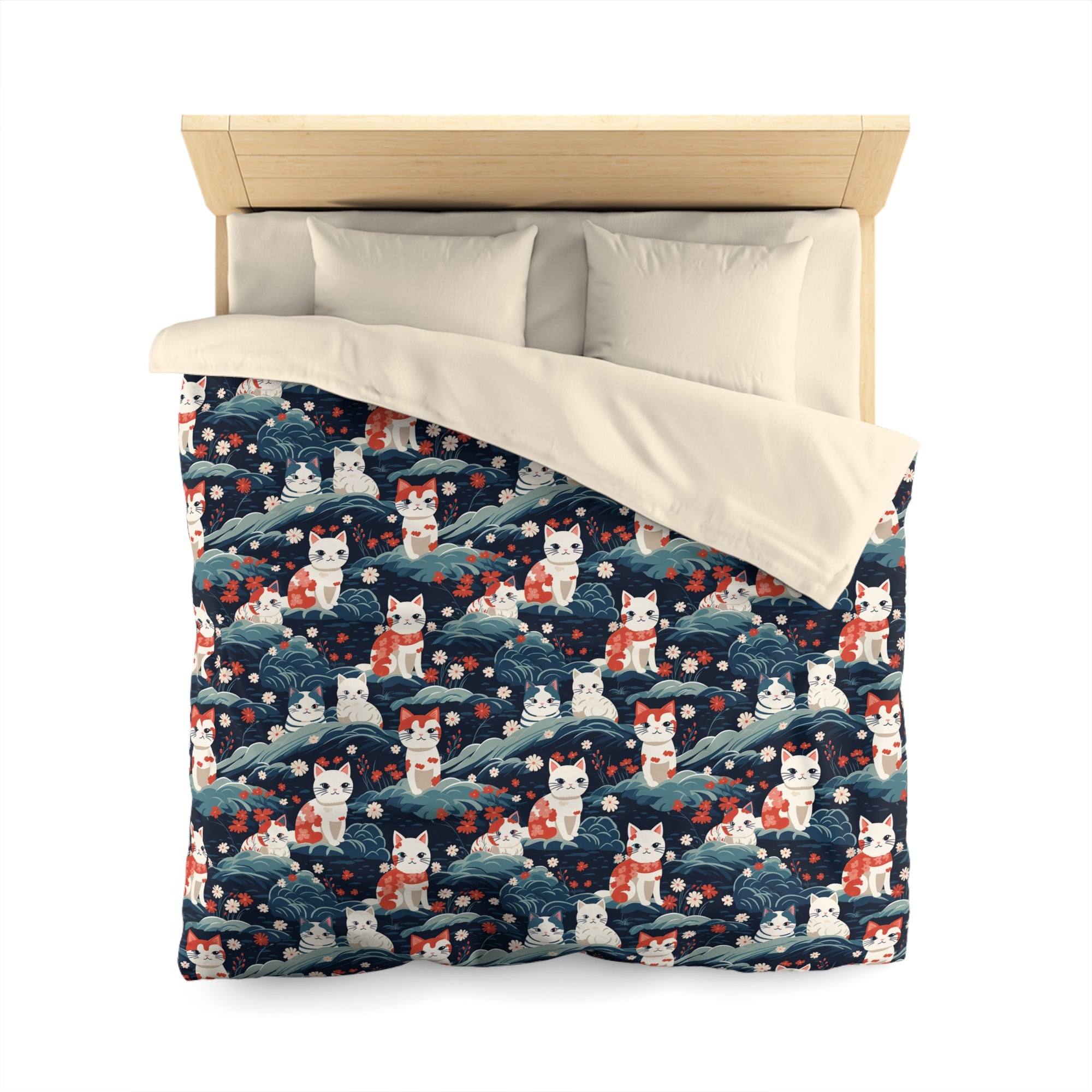 Duvet Cover - A serene and sweet Japanese landscape pattern featuring multicolored cats relaxing within a tranquil field of red and white flowers and gentle blue hills.
