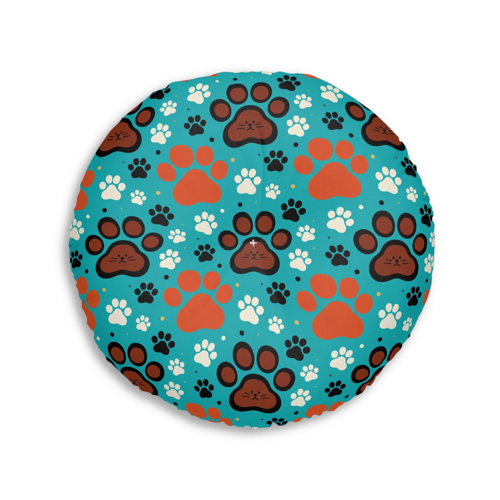 Indoor Round Floor Pillow - A dramatic and powerful Japanese woodblock print-style illustration of cats amidst powerful waves, red flowers, and white cherry blossoms.