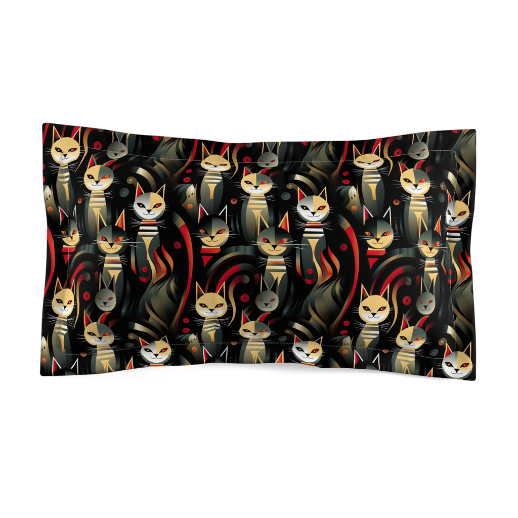 Pillow Sham - A bold and striking Art Deco pattern showcasing stylized feline portraits with sharp, gold lines and geometric shapes set against a dark, dramatic background.