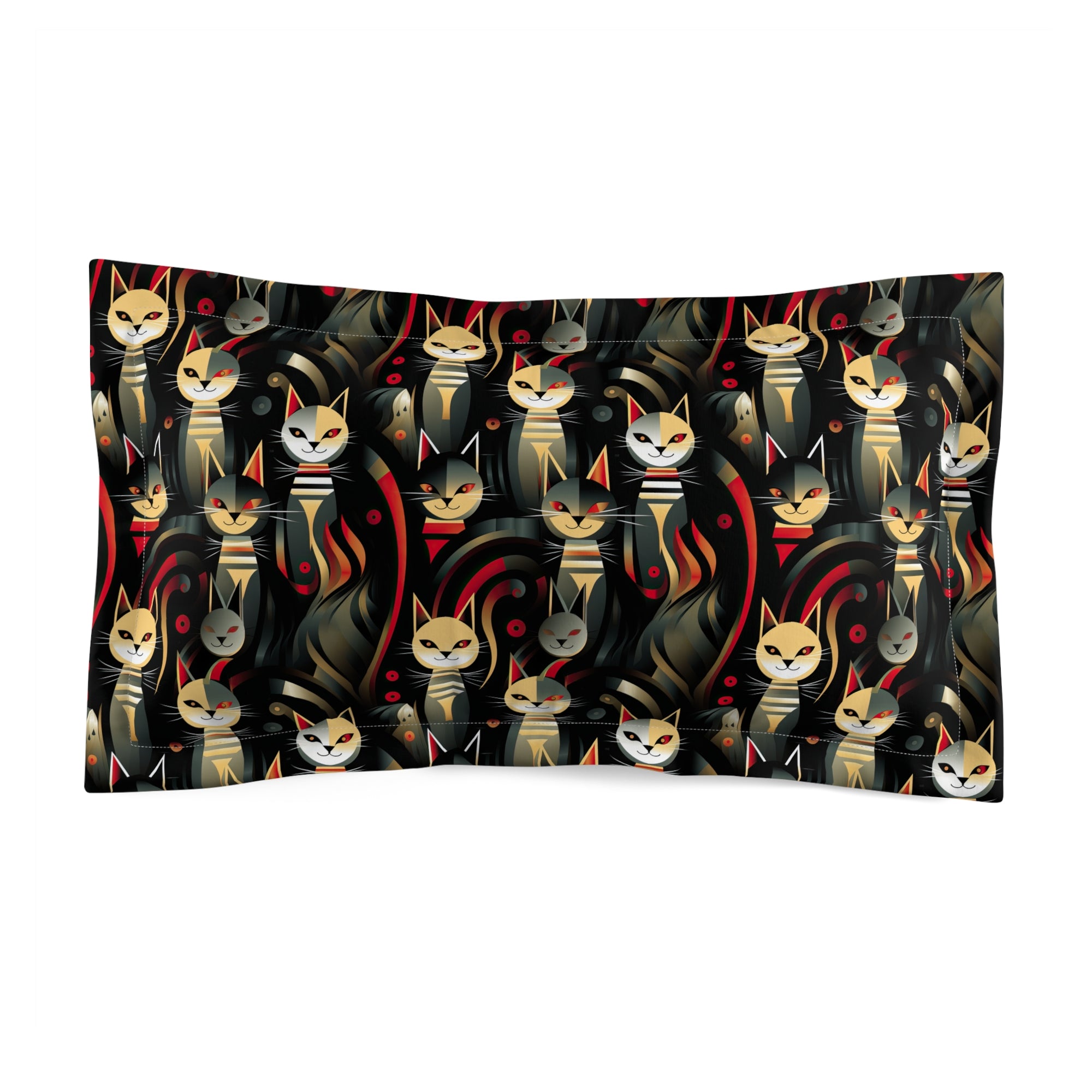 Pillow Sham - A bold and striking Art Deco pattern showcasing stylized feline portraits with sharp, gold lines and geometric shapes set against a dark, dramatic background.