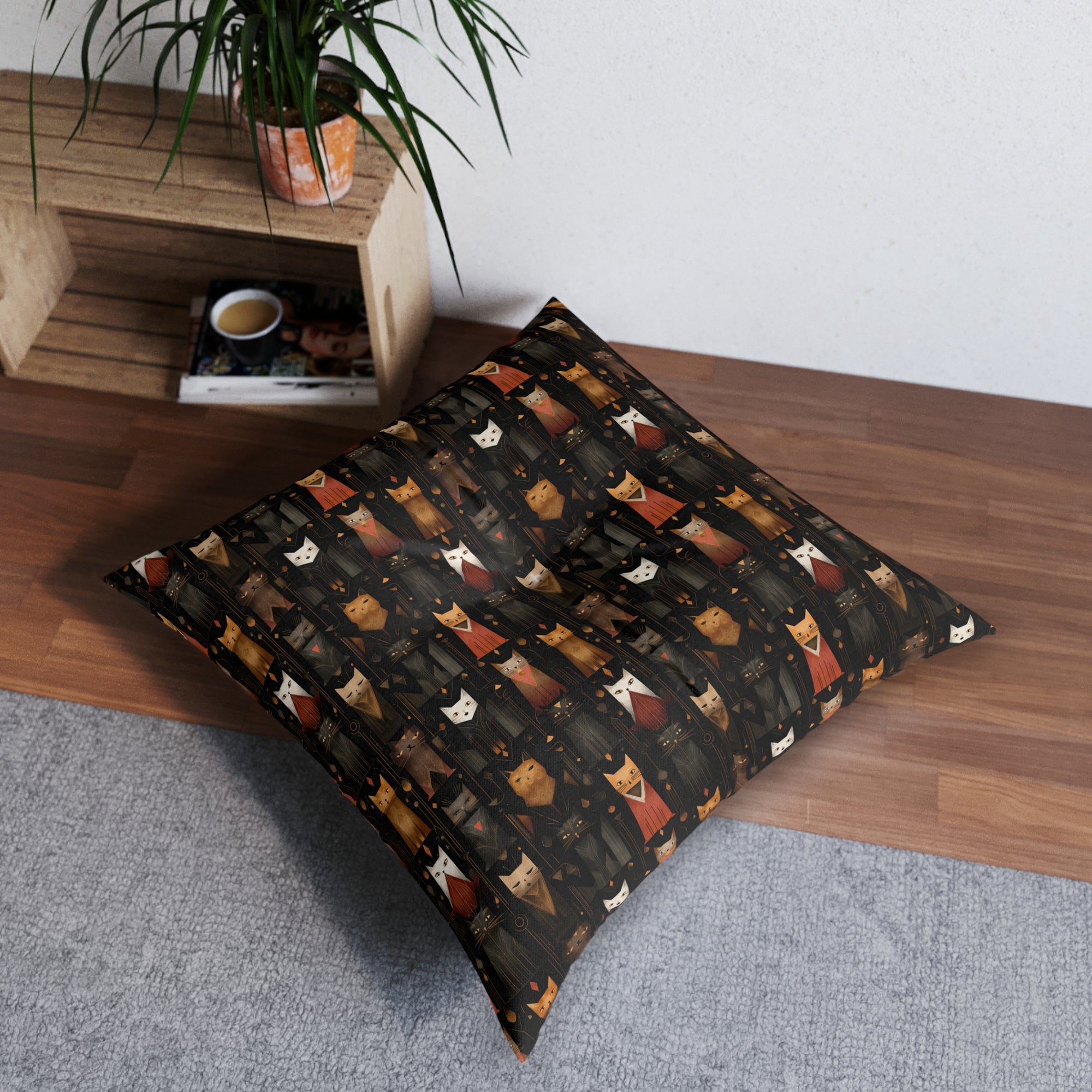 Indoor Square Floor Pillow - A striking and sophisticated Art Deco-style pattern of felines with bold, intricate lines and dramatic geometric shapes, all rendered in a unique gold and gray color palette.