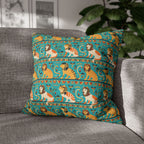 Square Pillowcase - Horizontal Stripes of Golden Egyptian Cats and Intricate Hieroglyphs Form a Repeating and Historically Themed Border Pattern