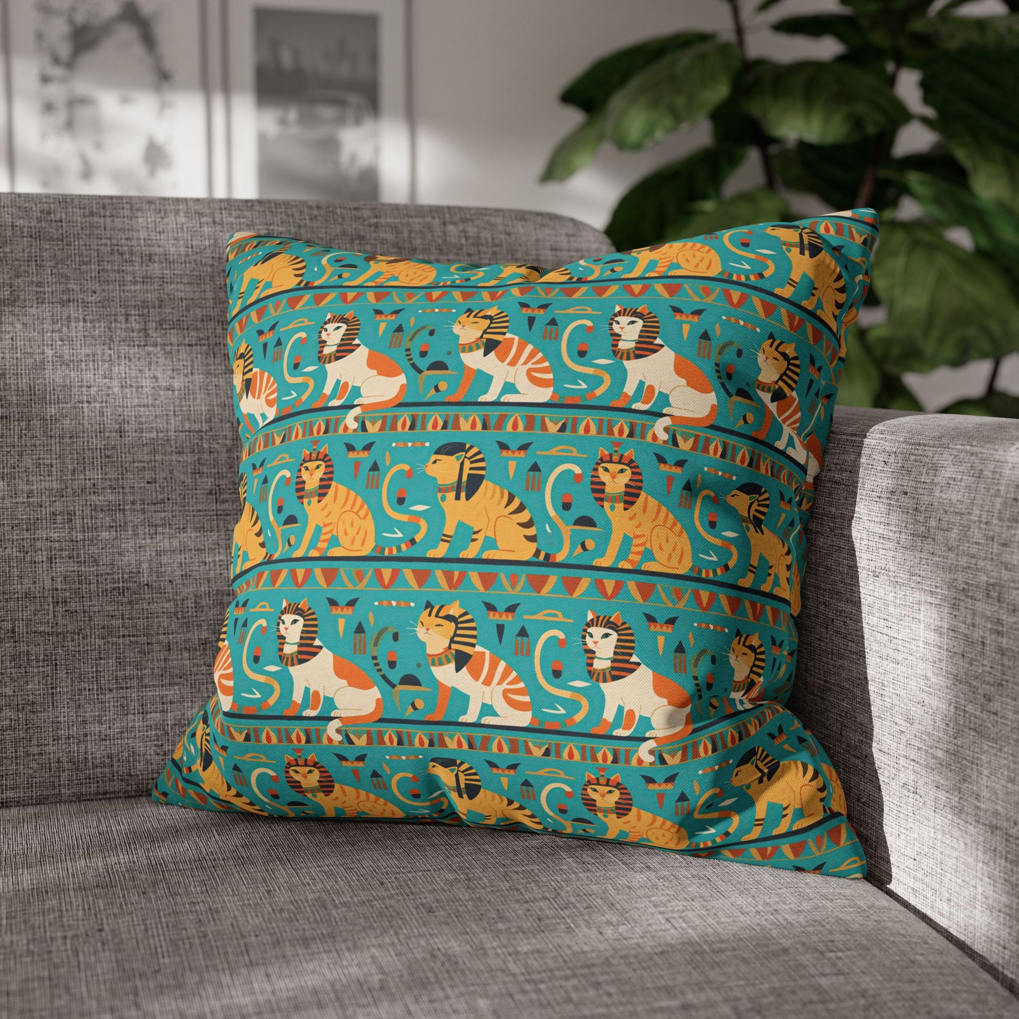 Square Pillowcase - Horizontal Stripes of Golden Egyptian Cats and Intricate Hieroglyphs Form a Repeating and Historically Themed Border Pattern