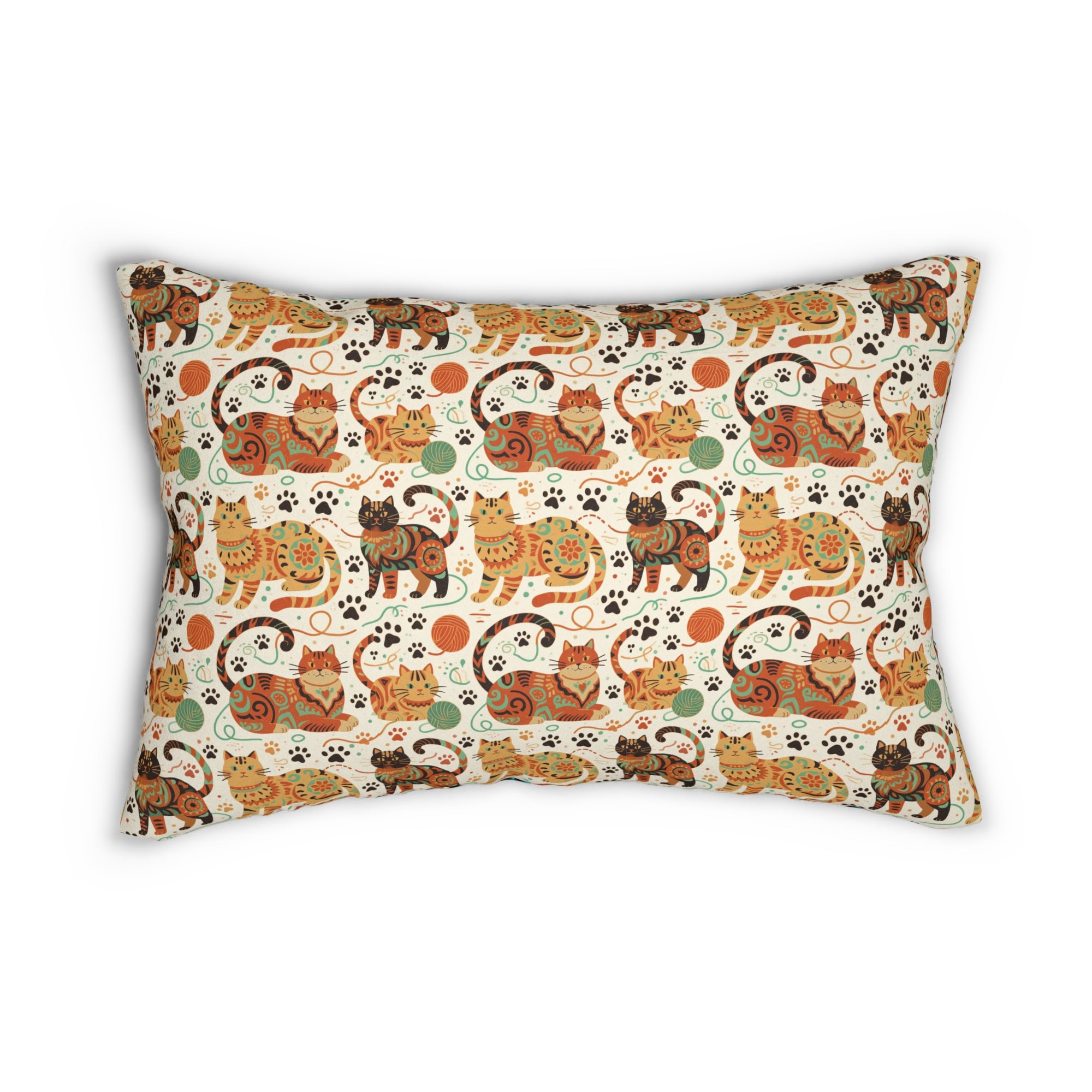Indoor Lumbar Pillow - Colorful folk art patterned cats, vibrant orange and teal hues, playful felines with yarn and paw prints, bohemian animal illustration, cream background, artistic and cheerful design