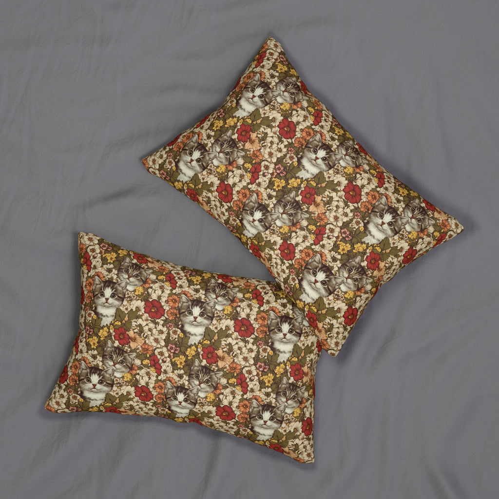 Indoor Lumbar Pillow - Grey Tabby Kittens in a Garden of Red, Peach, and Yellow Flowers, Soft Vintage Style