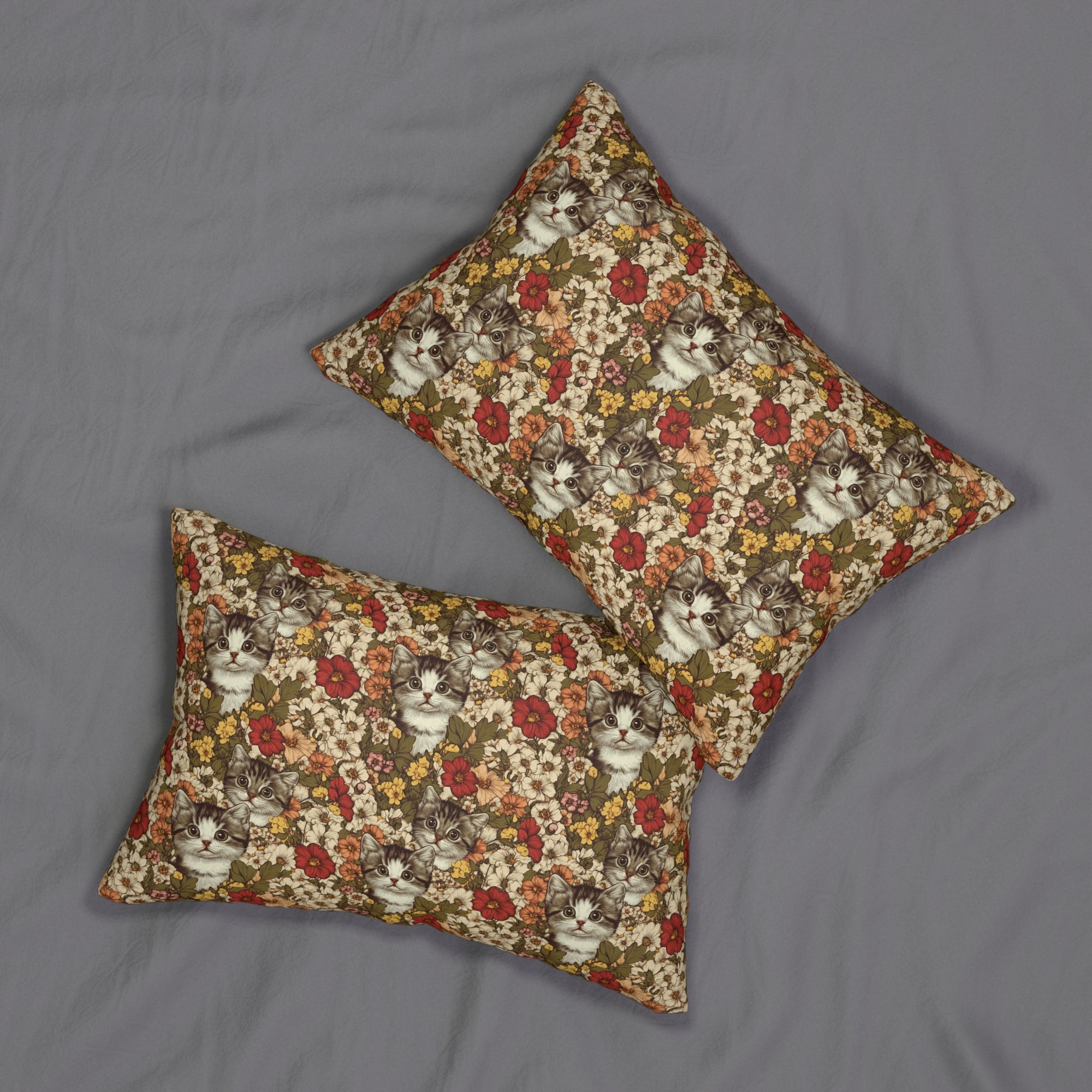 Indoor Lumbar Pillow - Grey Tabby Kittens in a Garden of Red, Peach, and Yellow Flowers, Soft Vintage Style