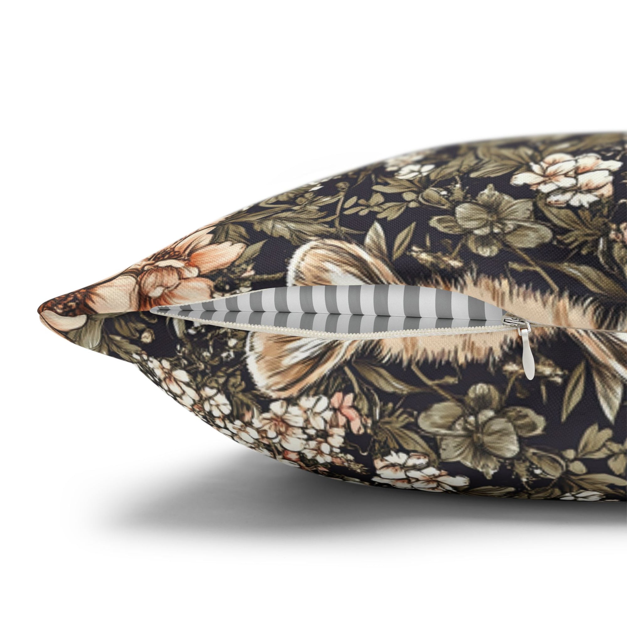 Square Pillowcase - Peach and White Kittens in Dark Floral Garden, Vintage Style, Sweet and Charming Scene