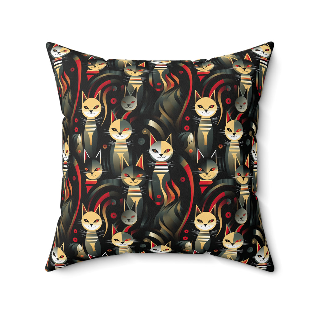 Indoor Square Pillow - A bold and striking Art Deco pattern showcasing stylized feline portraits with sharp, gold lines and geometric shapes set against a dark, dramatic background.