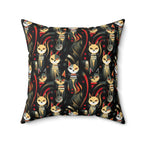 Indoor Square Pillow - A bold and striking Art Deco pattern showcasing stylized feline portraits with sharp, gold lines and geometric shapes set against a dark, dramatic background.