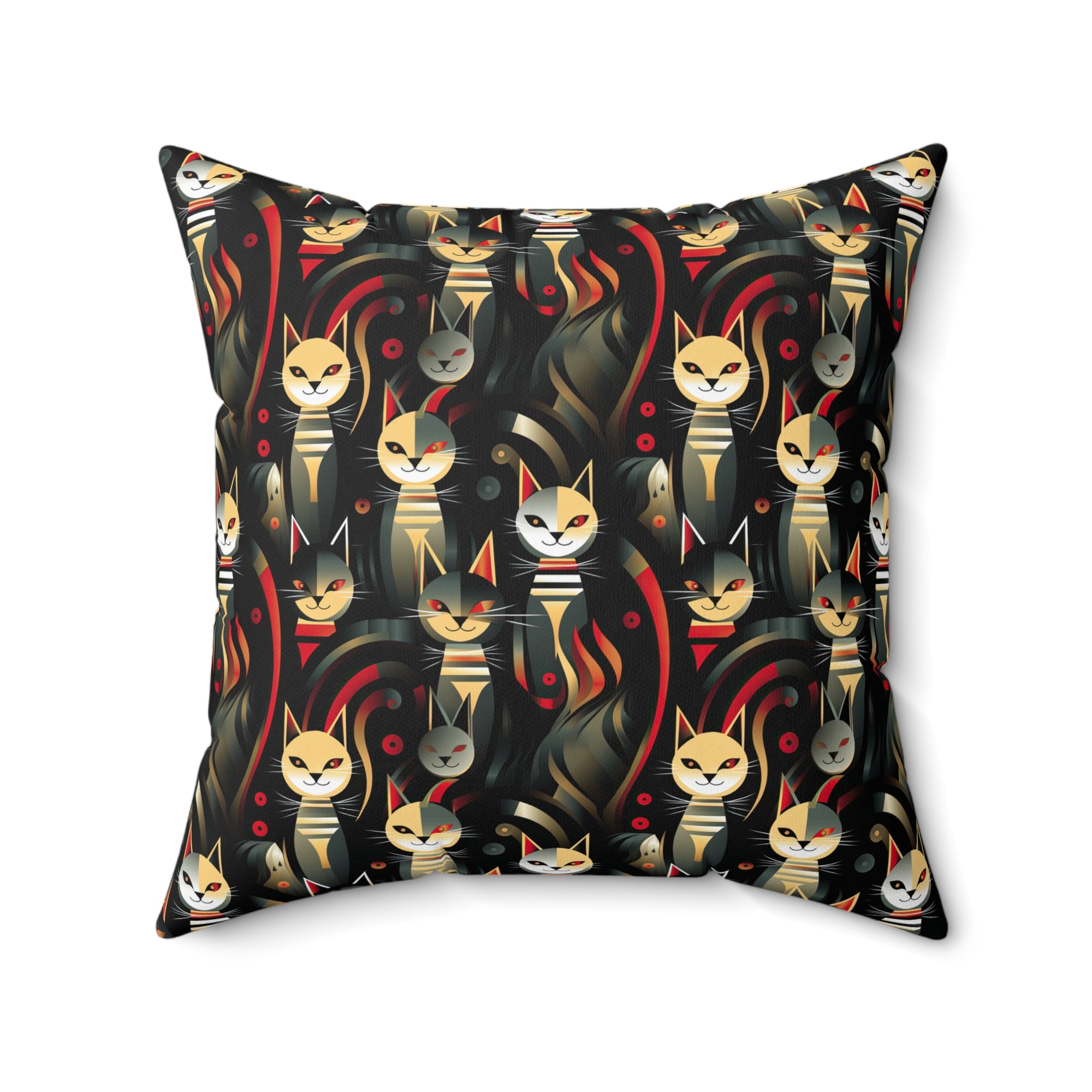 Indoor Square Pillow - A bold and striking Art Deco pattern showcasing stylized feline portraits with sharp, gold lines and geometric shapes set against a dark, dramatic background.