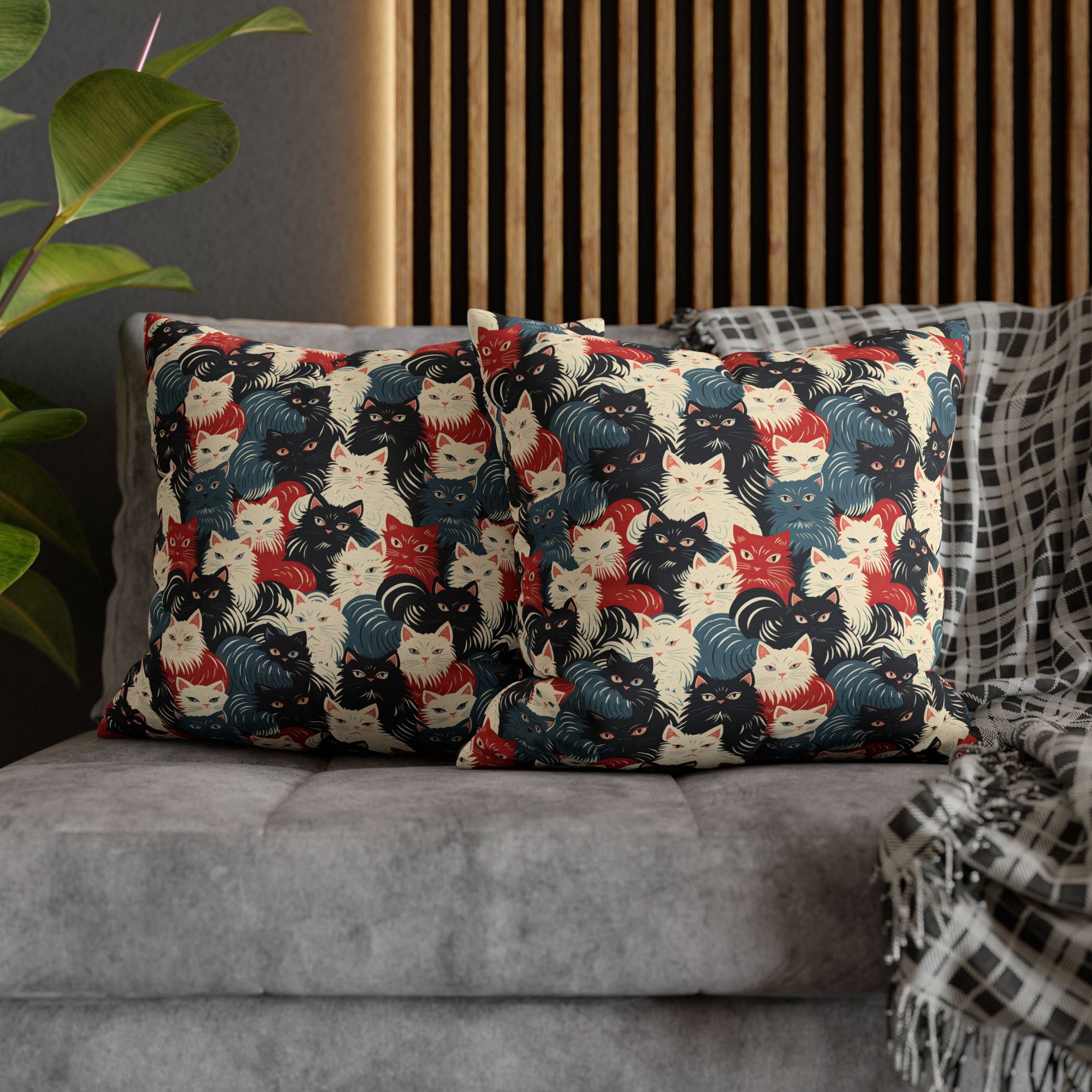 Square Pillowcase - A bold and graphic pop art style illustration featuring a tight-knit cluster of various fluffy felines in black, white, red, and blue.