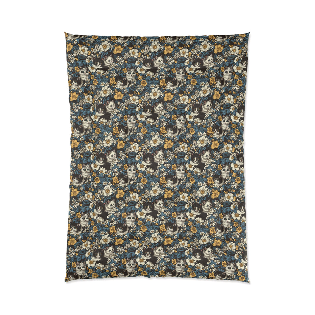 Comforter - Black and White Kittens with Yellow and White Flowers, Dark Blue Leaves, Vintage Charm