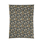 Comforter - Black and White Kittens with Yellow and White Flowers, Dark Blue Leaves, Vintage Charm