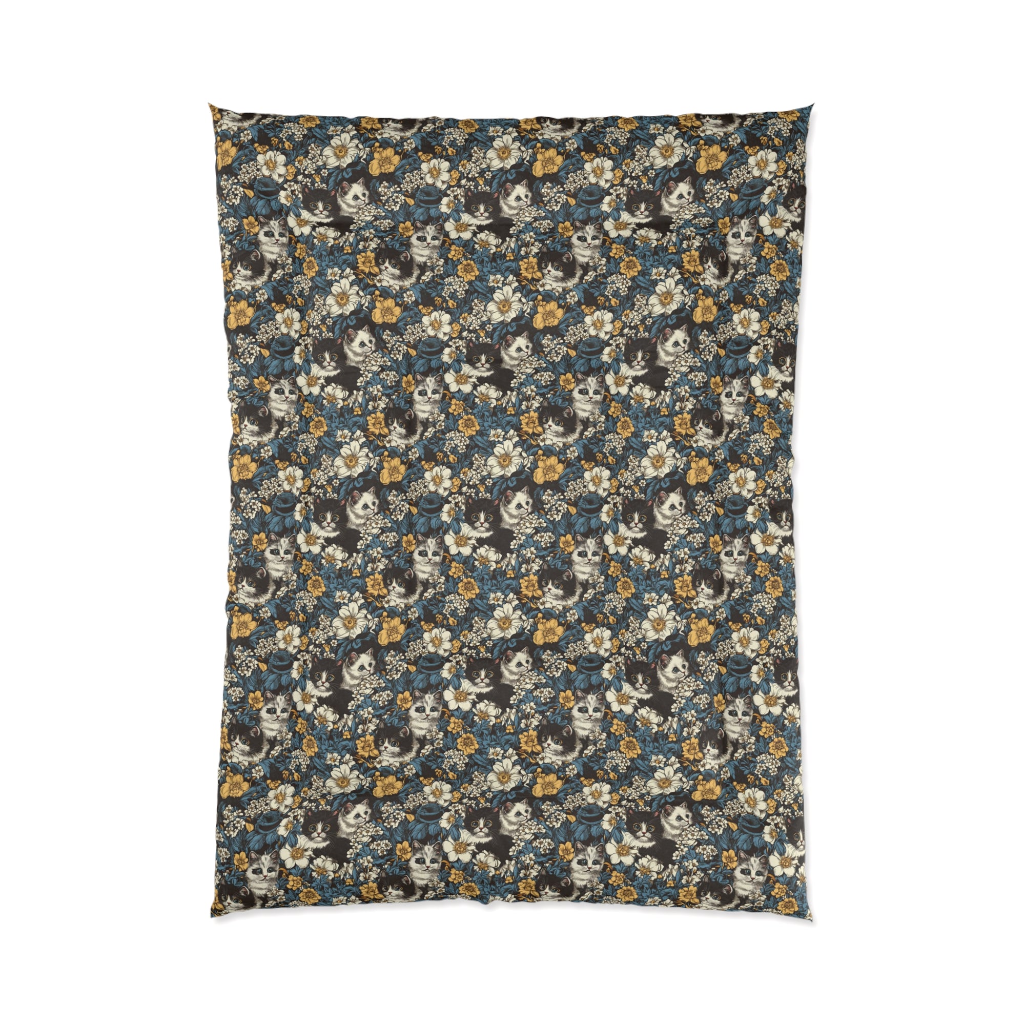 Comforter - Black and White Kittens with Yellow and White Flowers, Dark Blue Leaves, Vintage Charm