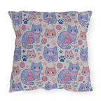 Outdoor Pillow - Sweet pastel blue and pink cartoon cats, cute kawaii style kittens with yarn and paw prints, charming and playful animal design, light cream background, delightful pet pattern
