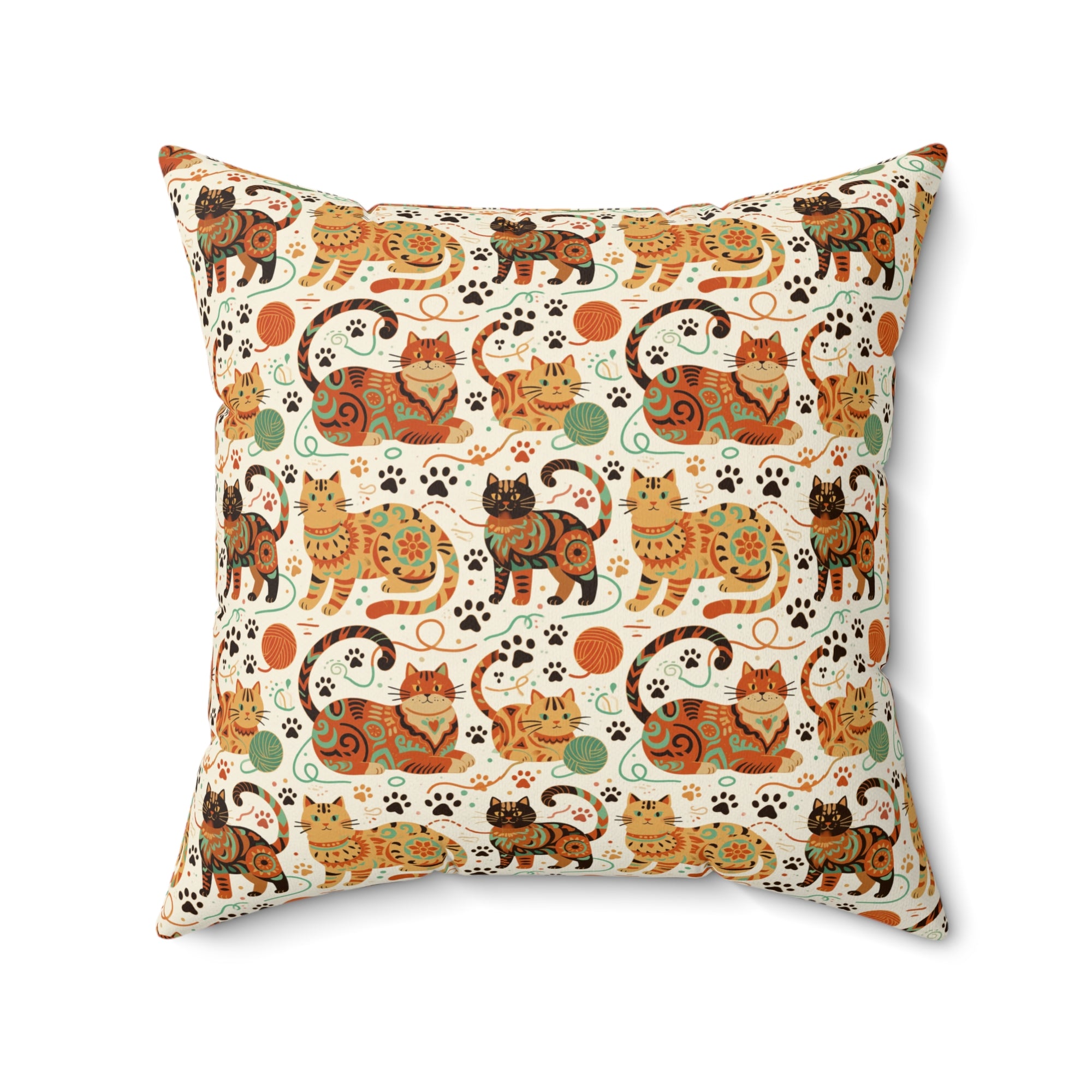 Indoor Square Pillow - Colorful folk art patterned cats, vibrant orange and teal hues, playful felines with yarn and paw prints, bohemian animal illustration, cream background, artistic and cheerful design