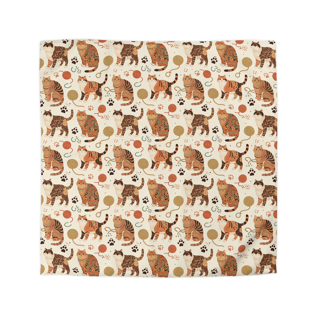 Duvet Cover - Artistic patterned cats in warm earth tones, unique tribal and folk art designs, playful felines with yarn and paw prints, bohemian animal print, cream background, creative cat art