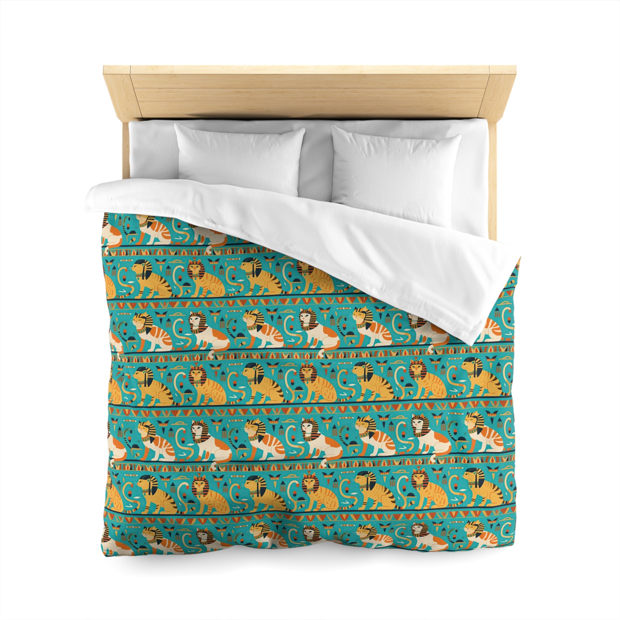 Duvet Cover - Horizontal Stripes of Golden Egyptian Cats and Intricate Hieroglyphs Form a Repeating and Historically Themed Border Pattern