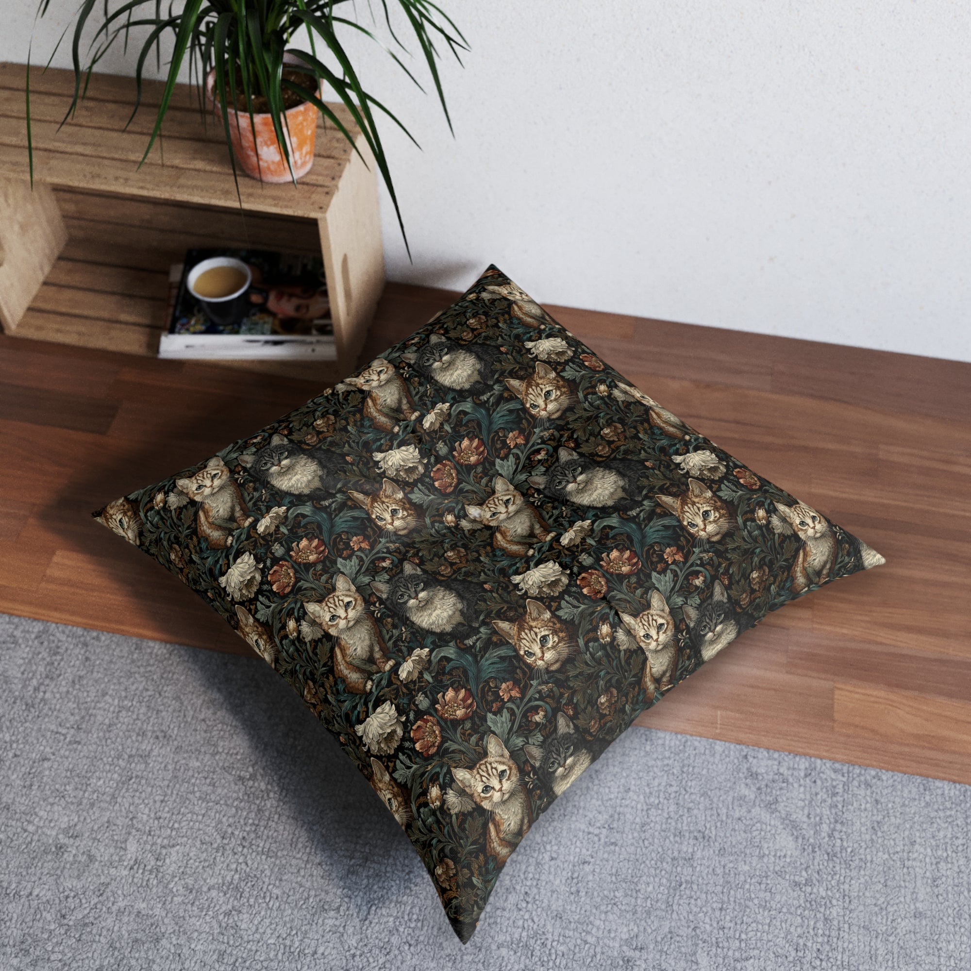 Indoor Square Floor Pillow - Brown Tabby Kittens Among Dark Green and Peach Floral Vines, Moody Vintage Style
