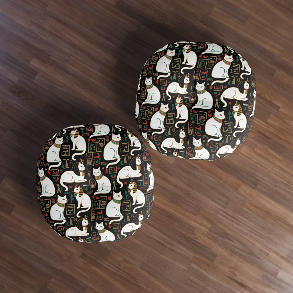 Indoor Round Floor Pillow - Regal White Egyptian Cats with Ornate Collars and Ancient Symbols Adorn this Historically Inspired and Mystical Pattern