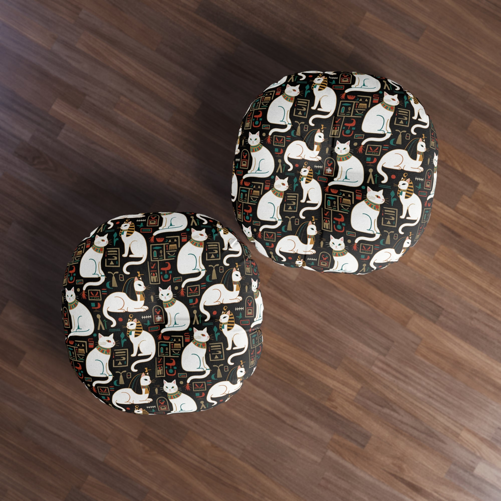 Indoor Round Floor Pillow - Regal White Egyptian Cats with Ornate Collars and Ancient Symbols Adorn this Historically Inspired and Mystical Pattern