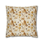 Square Pillowcase - Adorable ginger cat with bright green eyes, sparkling gold yarn and paw prints, classic tabby cat illustration, cream background, cute and charming pet themed art