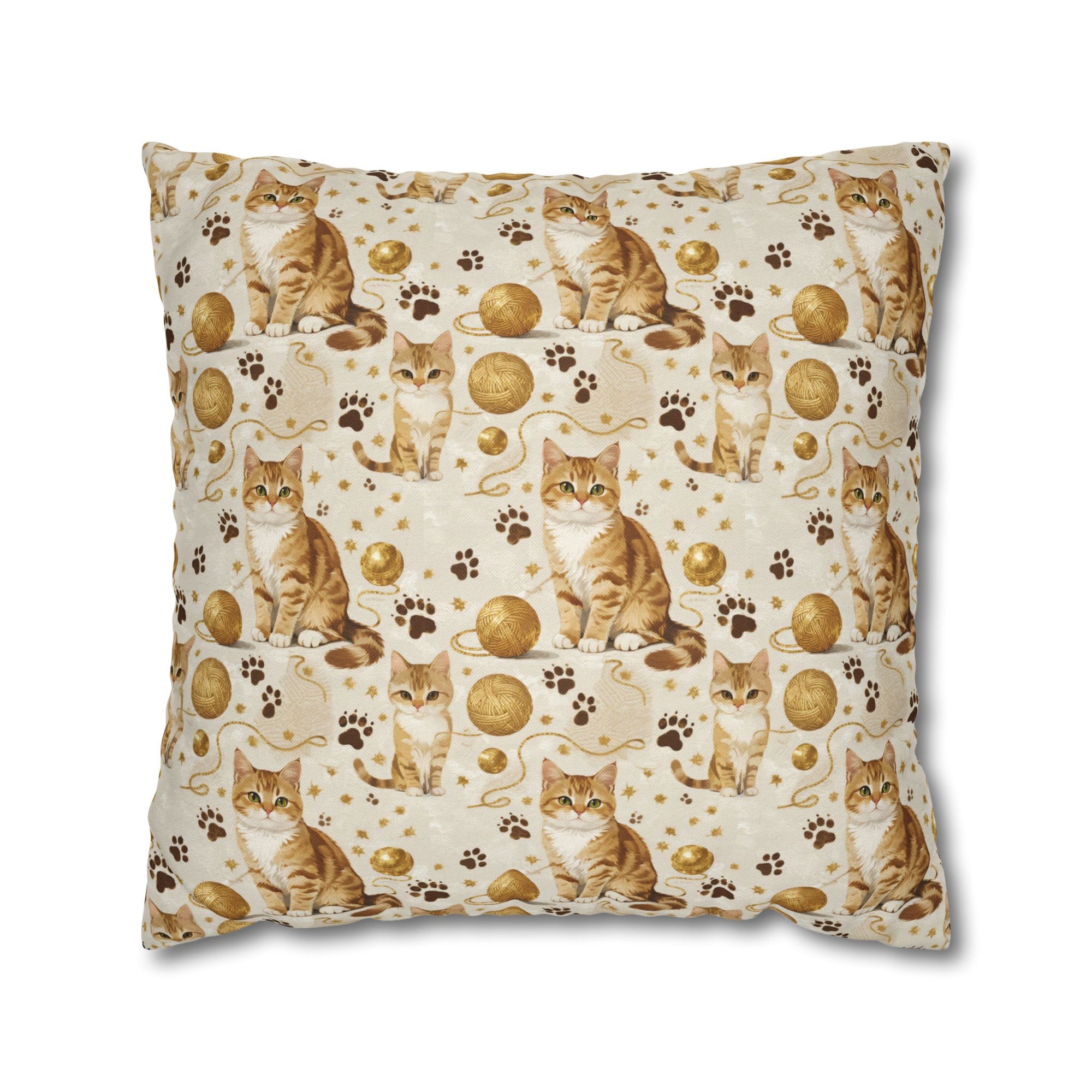 Square Pillowcase - Adorable ginger cat with bright green eyes, sparkling gold yarn and paw prints, classic tabby cat illustration, cream background, cute and charming pet themed art