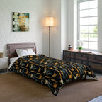 Comforter - A sleek and stylish Art Deco-inspired pattern depicting a serene nocturnal landscape with streamlined cat silhouettes and radiating golden light among abstract plants.