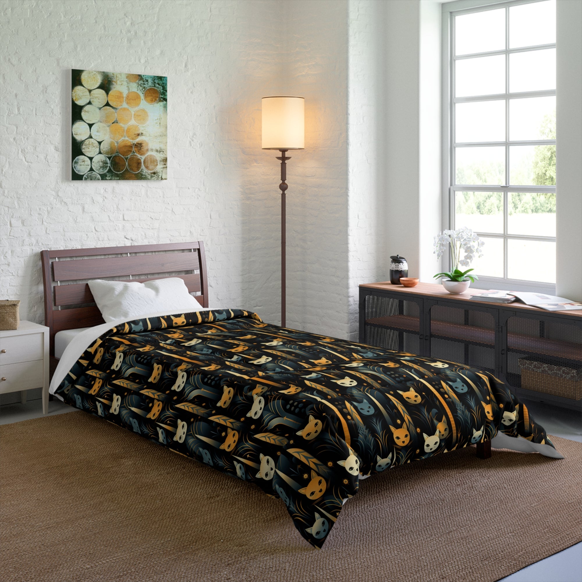Comforter - A sleek and stylish Art Deco-inspired pattern depicting a serene nocturnal landscape with streamlined cat silhouettes and radiating golden light among abstract plants.