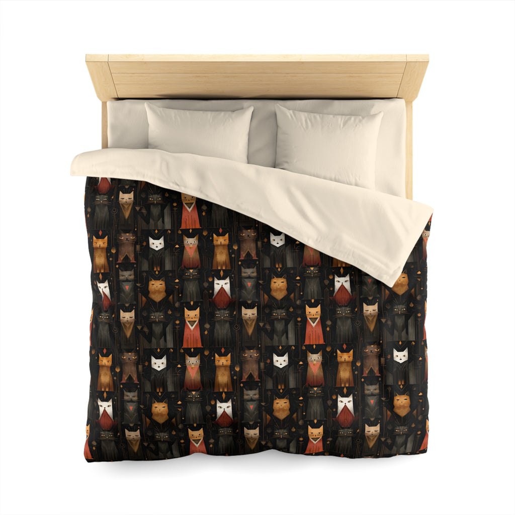 Duvet Cover - A striking and sophisticated Art Deco-style pattern of felines with bold, intricate lines and dramatic geometric shapes, all rendered in a unique gold and gray color palette.