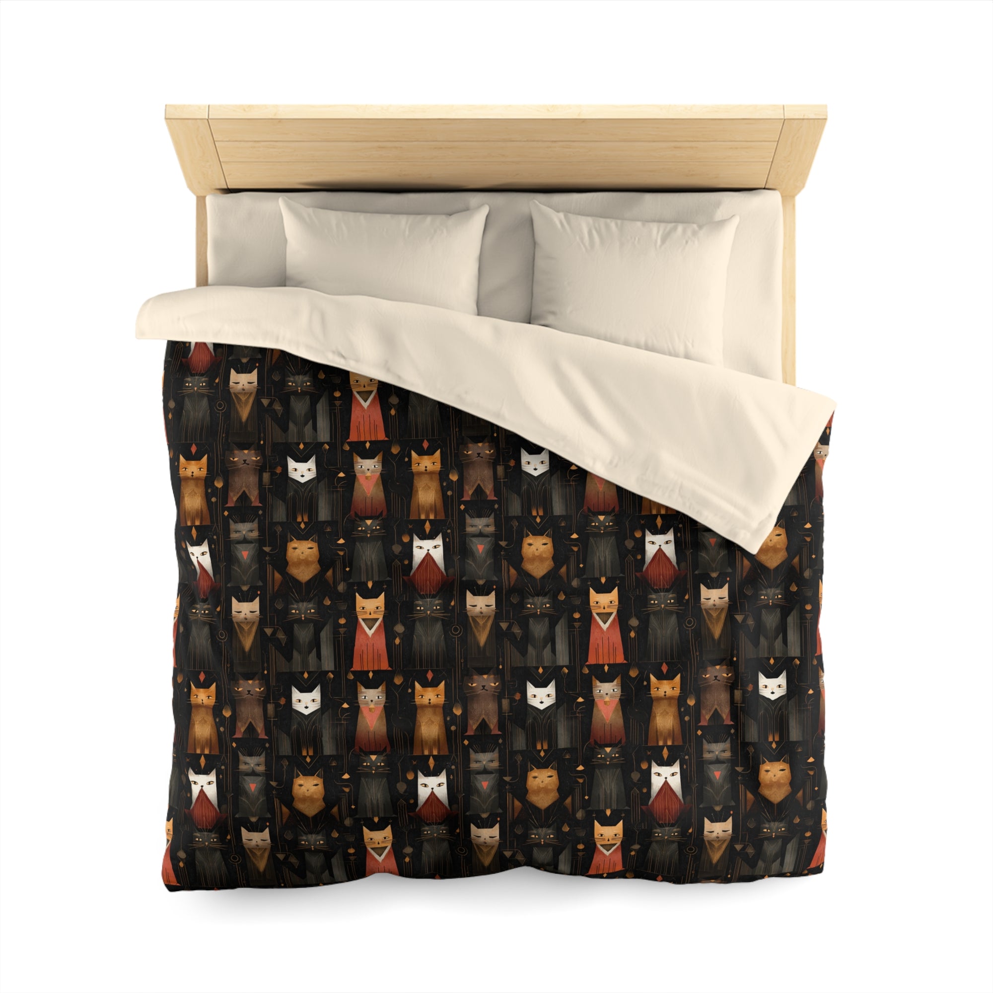 Duvet Cover - A striking and sophisticated Art Deco-style pattern of felines with bold, intricate lines and dramatic geometric shapes, all rendered in a unique gold and gray color palette.