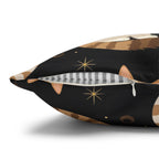 Square Pillowcase - Elegant felines and sparkling gold yarn on black, adorable cats with golden paw prints, sophisticated pet motif, charming animal pattern, cozy and warm artistic illustration