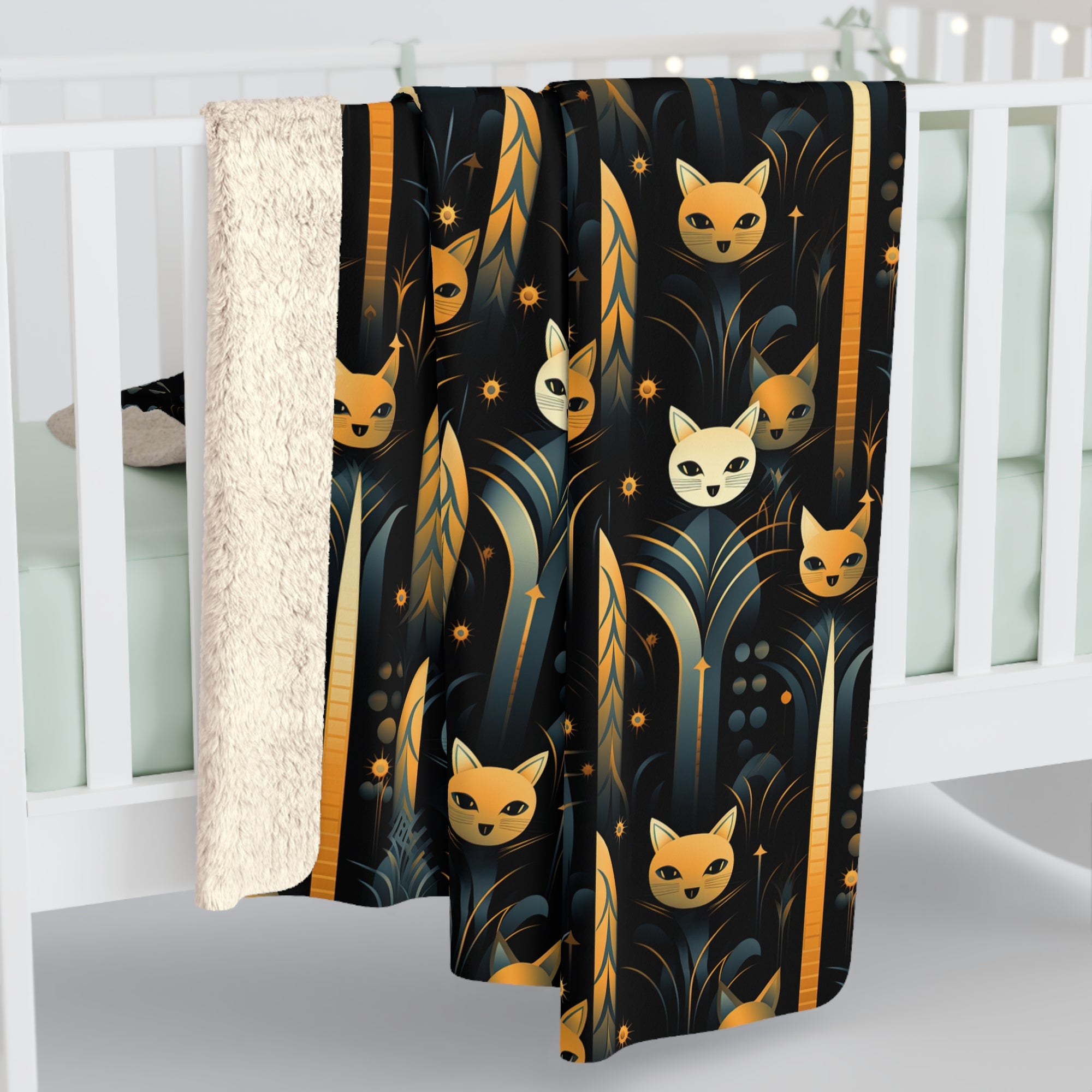 Sherpa Blanket - A sleek and stylish Art Deco-inspired pattern depicting a serene nocturnal landscape with streamlined cat silhouettes and radiating golden light among abstract plants.