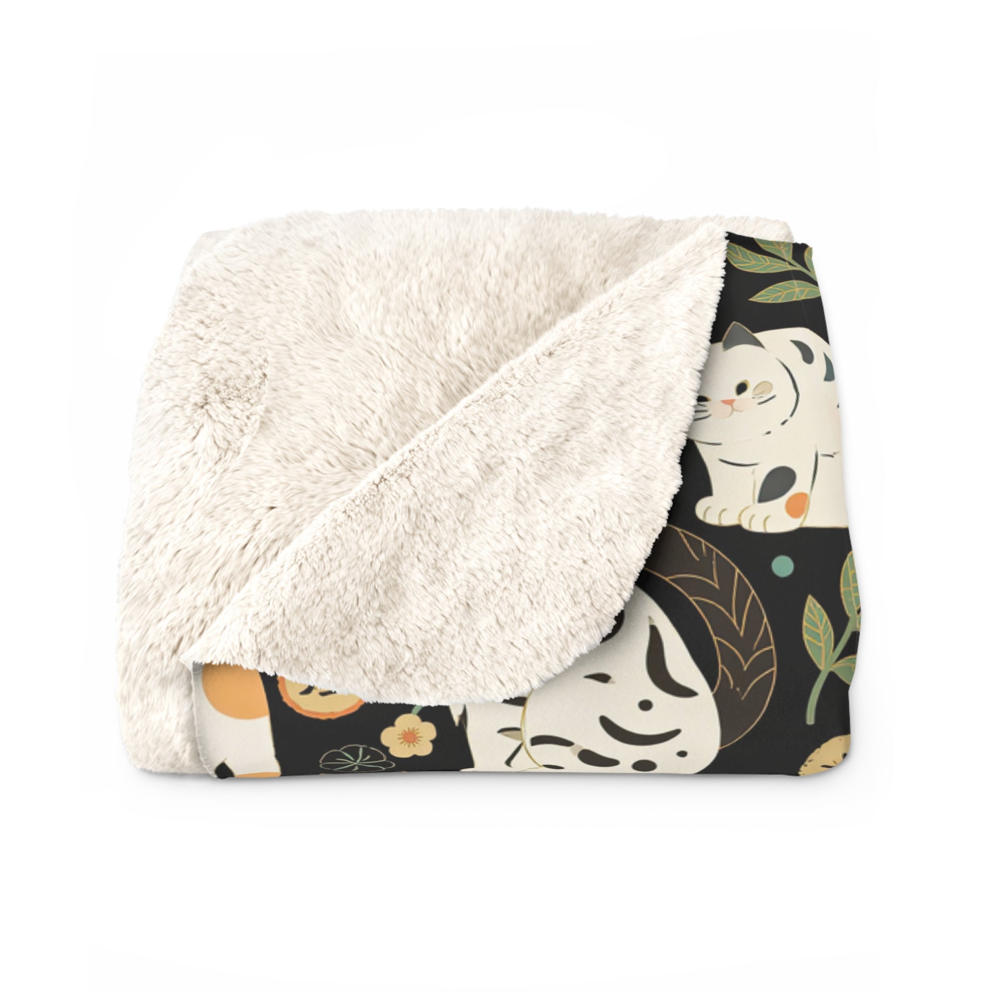 Sherpa Blanket - Traditional Japanese Maneki-Neko Cats and Auspicious Symbols Grace a Dark Background in this Fortunate Pattern