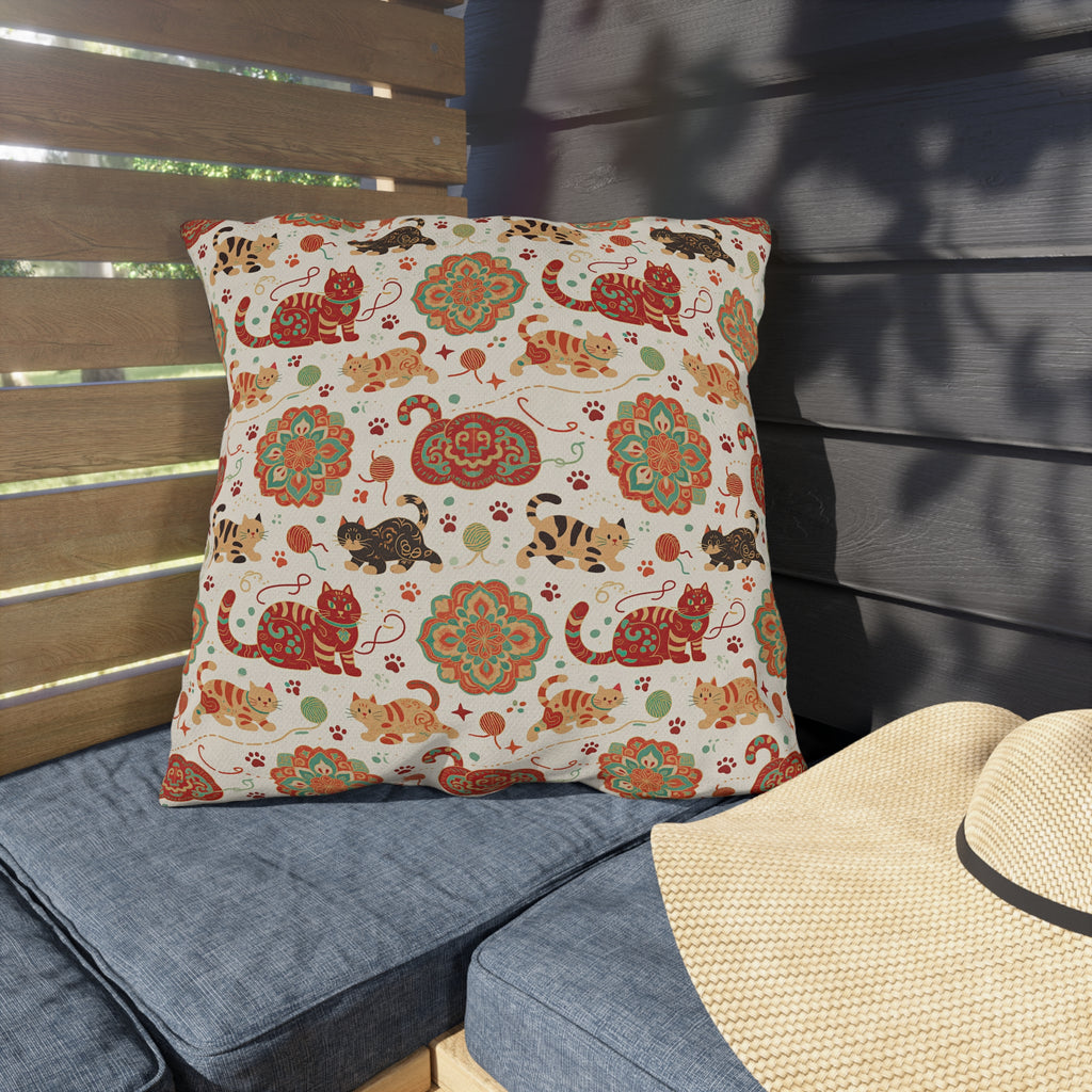 Outdoor Pillow - Vibrant boho chic cats and mandalas, colorful folk art style, playful felines with yarn and paw prints, artistic and bohemian cat design, cream background, unique animal print