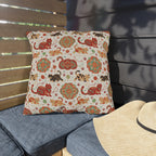 Outdoor Pillow - Vibrant boho chic cats and mandalas, colorful folk art style, playful felines with yarn and paw prints, artistic and bohemian cat design, cream background, unique animal print