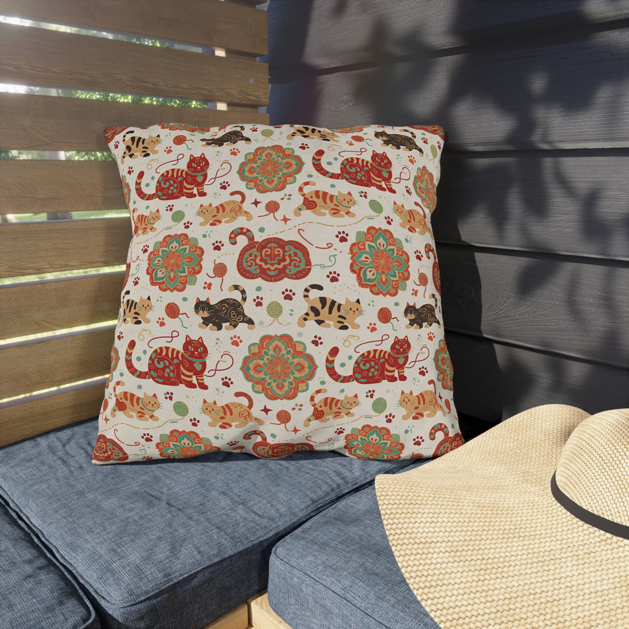 Outdoor Pillow - Vibrant boho chic cats and mandalas, colorful folk art style, playful felines with yarn and paw prints, artistic and bohemian cat design, cream background, unique animal print