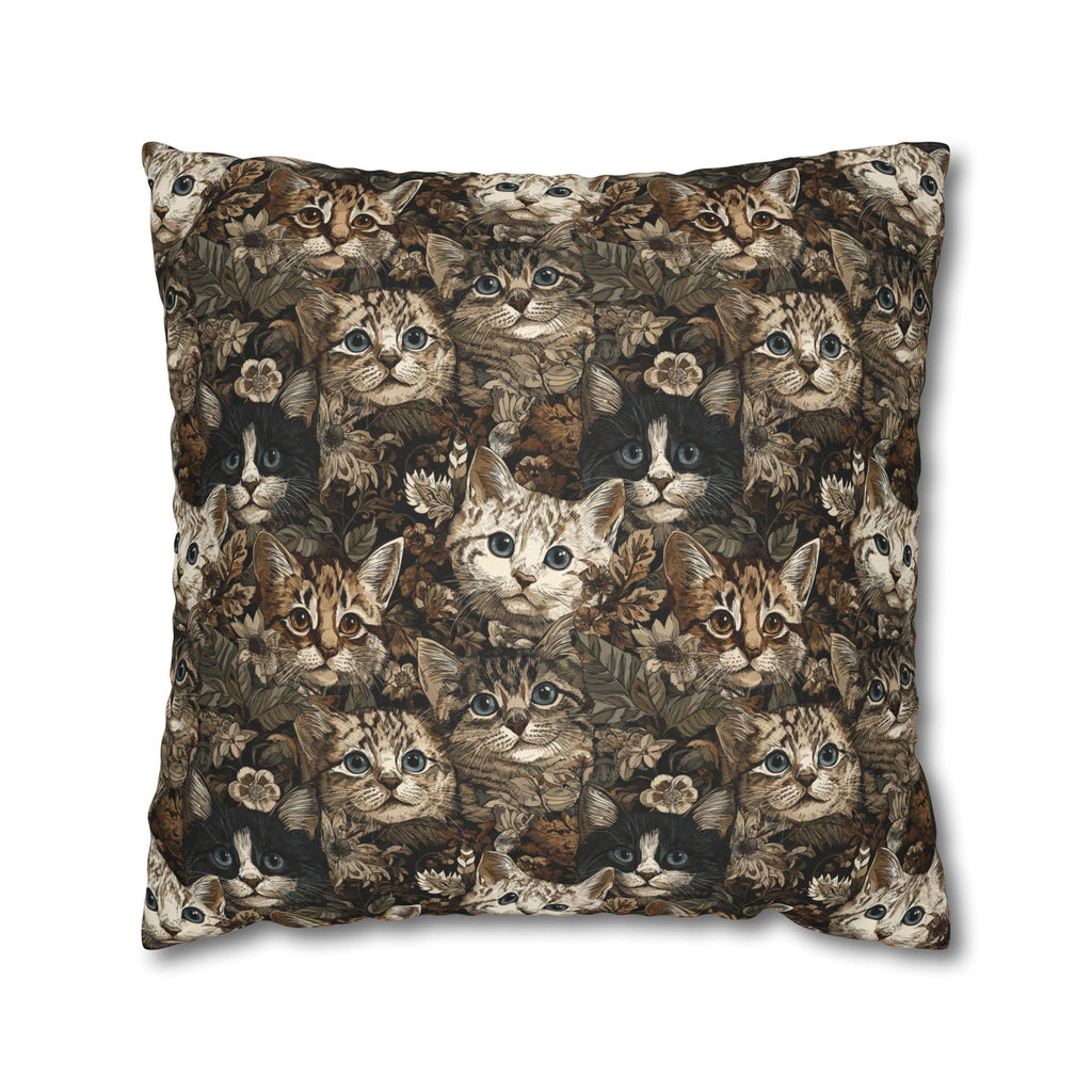 Square Pillowcase - An intricate and detailed vintage illustration featuring a close-up of various fluffy cats with bright eyes amidst lush, ornate floral foliage in sepia tones.