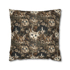 Square Pillowcase - An intricate and detailed vintage illustration featuring a close-up of various fluffy cats with bright eyes amidst lush, ornate floral foliage in sepia tones.