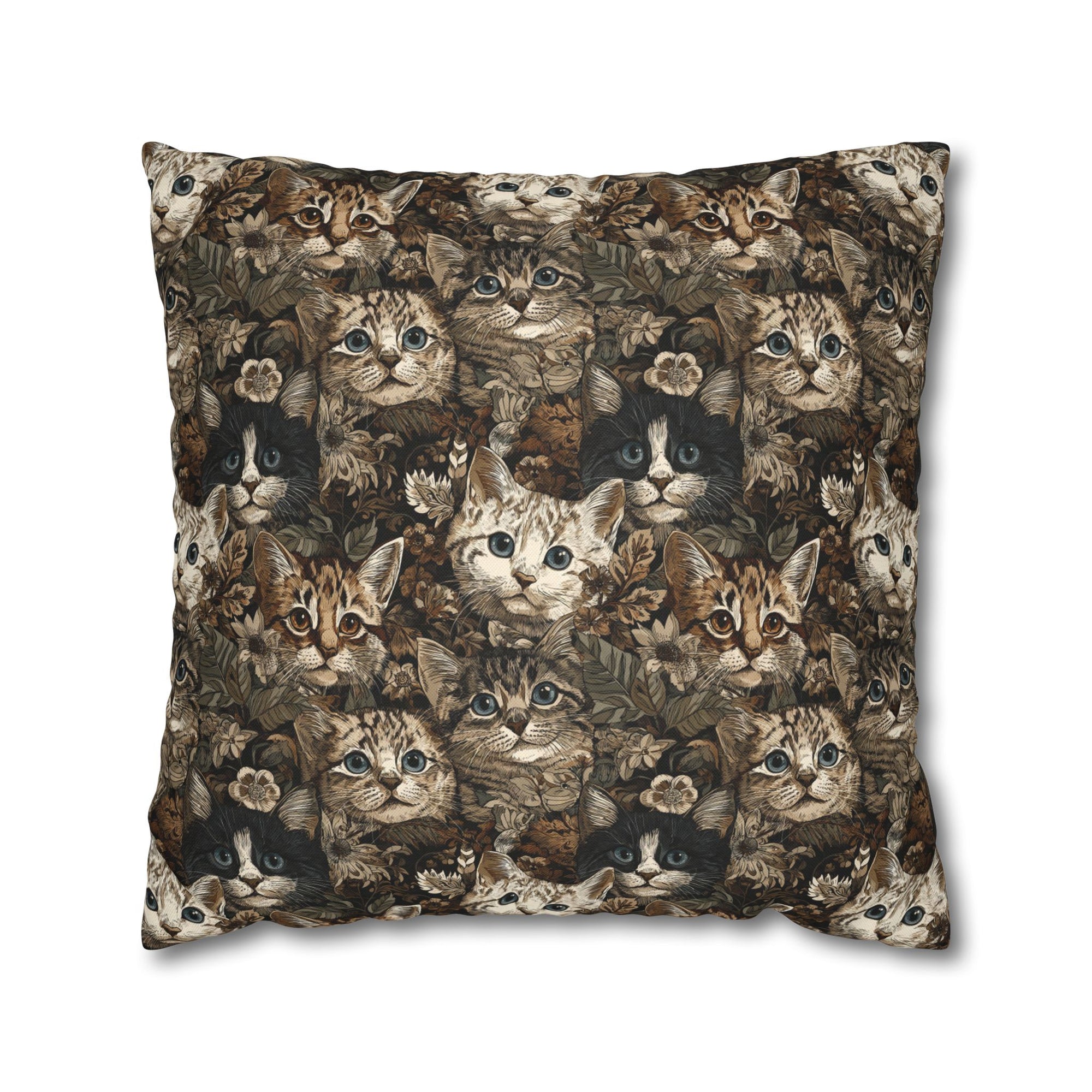 Square Pillowcase - An intricate and detailed vintage illustration featuring a close-up of various fluffy cats with bright eyes amidst lush, ornate floral foliage in sepia tones.