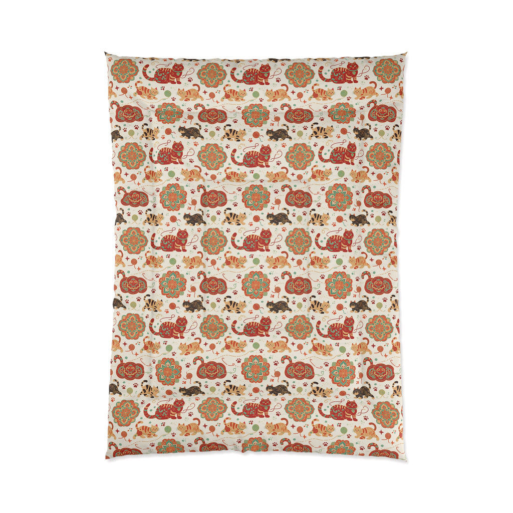 Comforter - Vibrant boho chic cats and mandalas, colorful folk art style, playful felines with yarn and paw prints, artistic and bohemian cat design, cream background, unique animal print