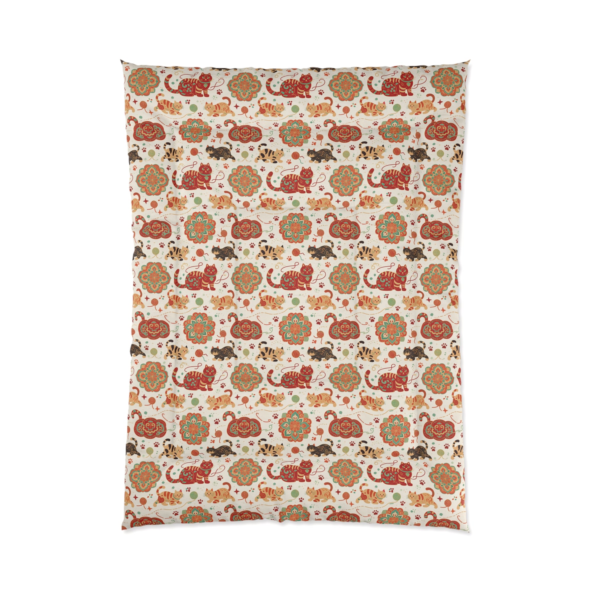 Comforter - Vibrant boho chic cats and mandalas, colorful folk art style, playful felines with yarn and paw prints, artistic and bohemian cat design, cream background, unique animal print