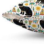 Indoor Square Pillow - Majestic Black Egyptian Cats with Vibrant Adornments and Desert Motifs Create a Striking and Culturally Rich Design