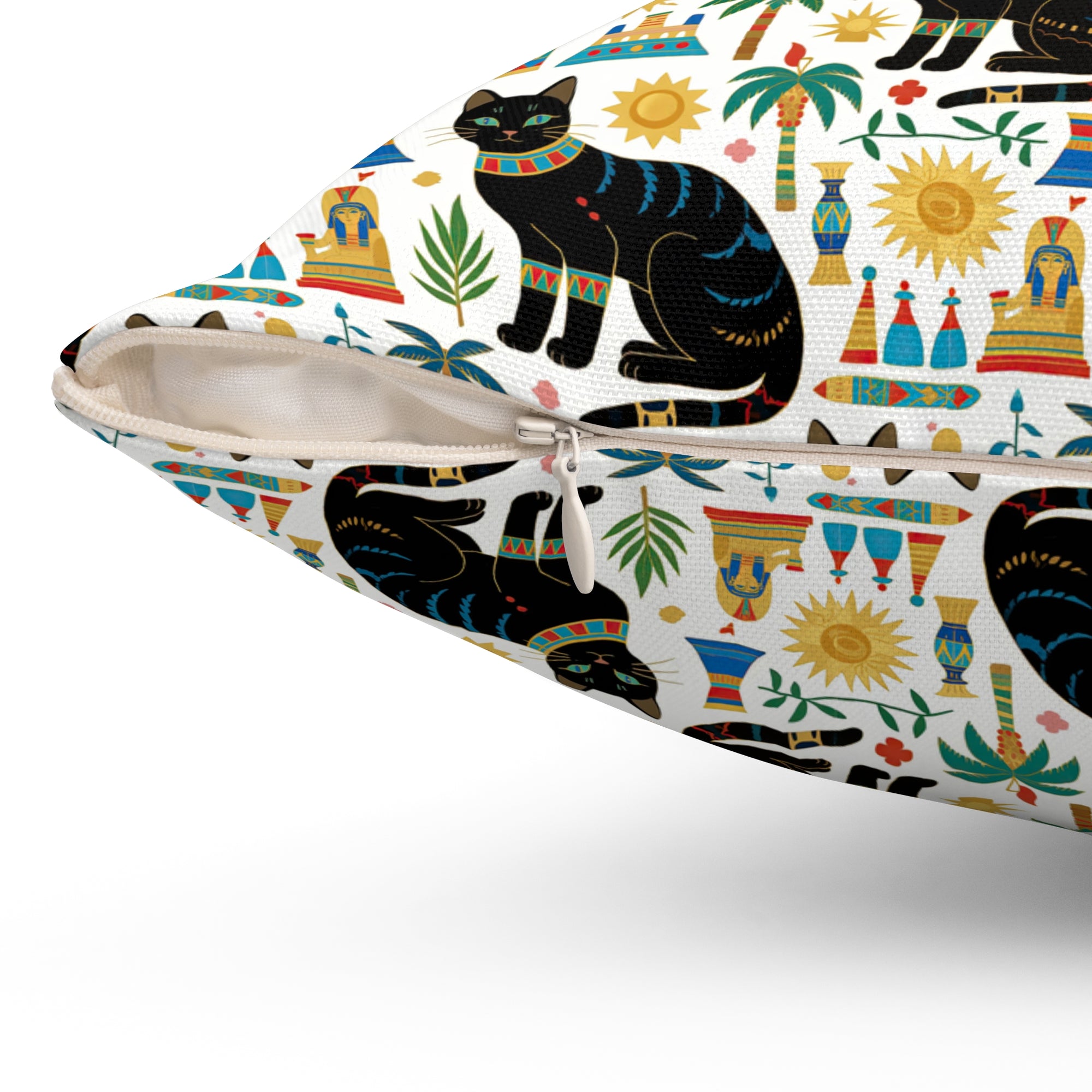 Indoor Square Pillow - Majestic Black Egyptian Cats with Vibrant Adornments and Desert Motifs Create a Striking and Culturally Rich Design